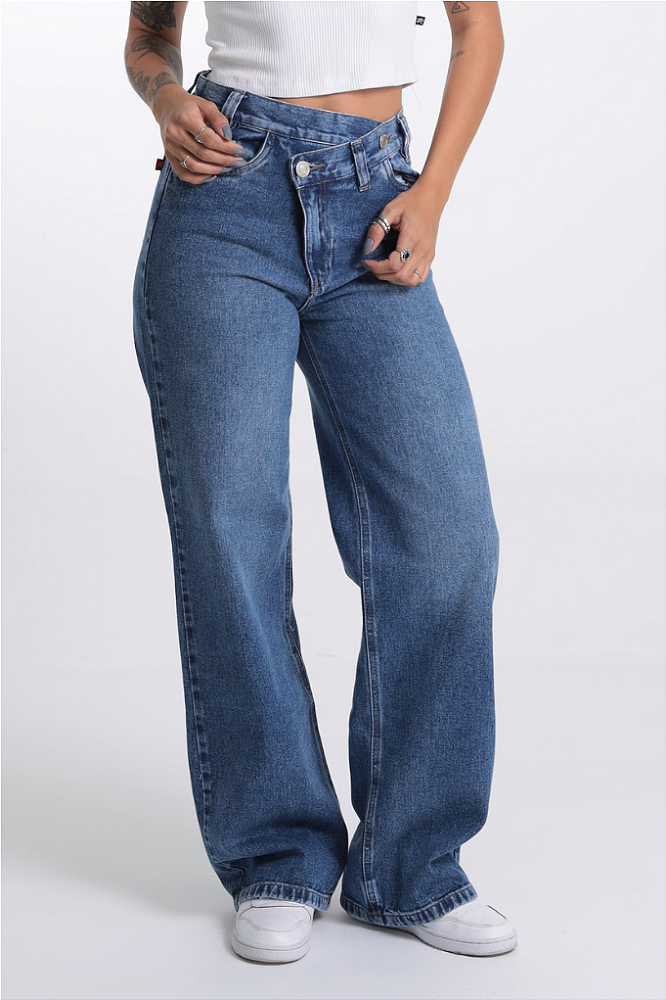 Calça Wide Leg Jeans Cós Transpassado Revanche