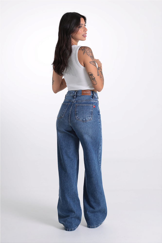 Calça Wide Leg Jeans Cós Transpassado Revanche