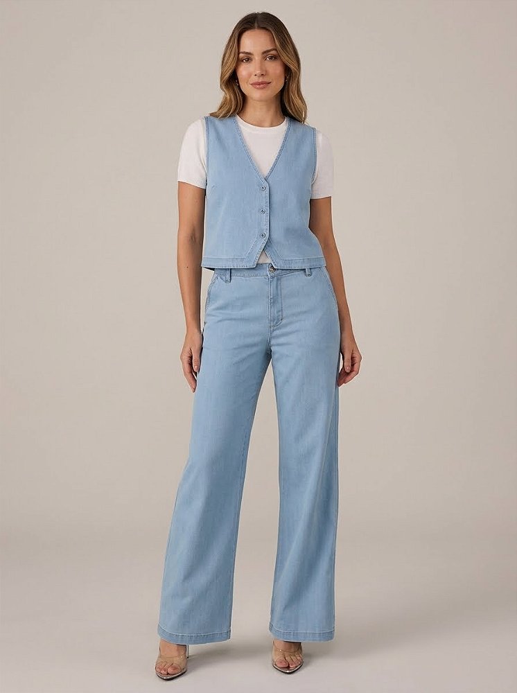 Calça Jeans Feminina Super Wide Leg Delavê Assédio Jeans