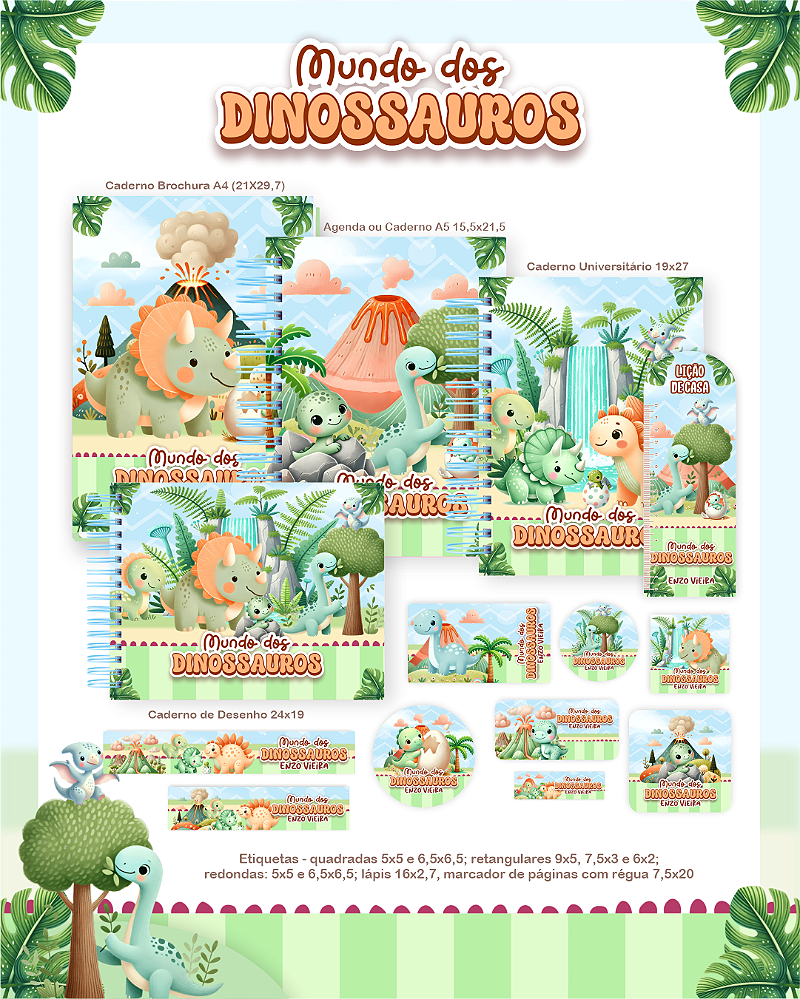 KIT ESCOLAR: Dinossauro: Agenda, 3 Cadernos Grande + Etiqueta