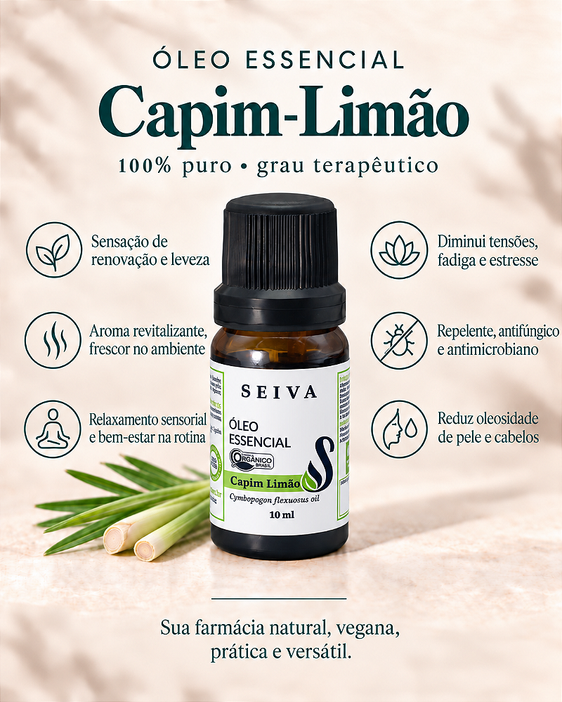 Combo Óleos Essenciais + Grátis Bolsinha de Crochê - OE Lavanda, Hortelã Pimenta, Alecrim, Capim Limão, Tea Tree e Eucalípto