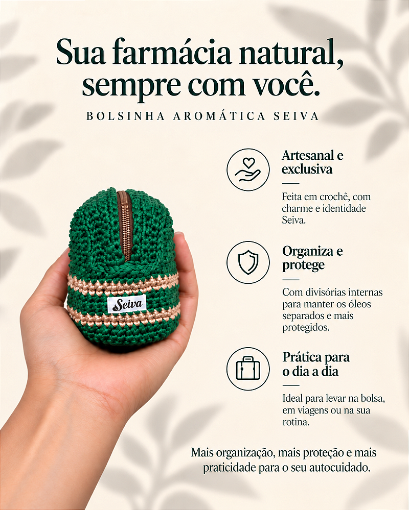 Combo Óleos Essenciais + Grátis Bolsinha de Crochê - OE Lavanda, Hortelã Pimenta, Alecrim, Capim Limão, Tea Tree e Eucalípto