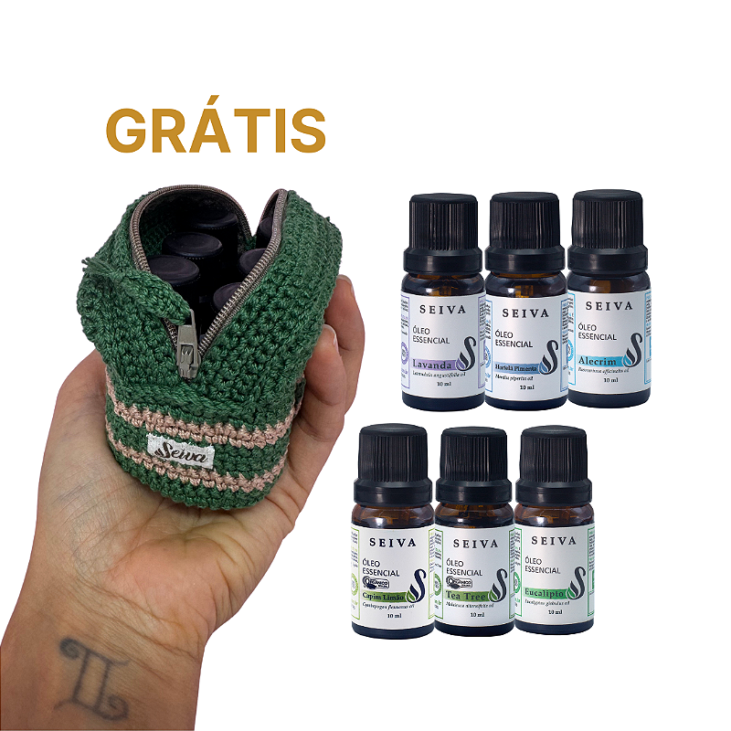 Combo Óleos Essenciais + Grátis Bolsinha de Crochê - OE Lavanda, Hortelã Pimenta, Alecrim, Capim Limão, Tea Tree e Eucalípto