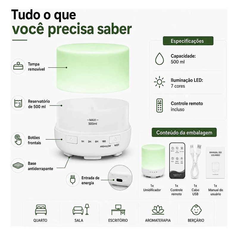 Difusor e Umidificador de ar para Óleo Essencial 500ml