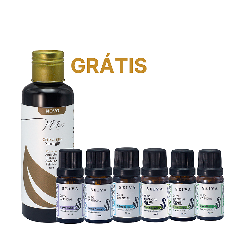 Combo Óleos Essenciais + Grátis Óleo Mix - OE Lavanda, Hortelã Pimenta, Alecrim, Capim Limão, Tea Tree e Eucalípto