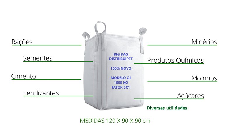 Saco Big Bag Modelo C1 Rafia Gramatura 160 Fator 5x1 Medidas 120x90x90 P/ 1000Kg