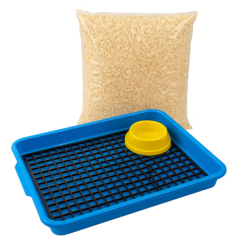 Kit Bandeja Sanitário Saniplus + Serragem e Comedouro Para Mini Coelho Porquinho da India Chinchila Cor Azul