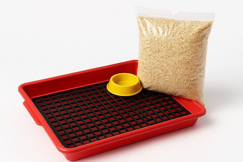 Kit Bandeja Sanitário Saniplus + Serragem e Comedouro Para Mini Coelho Porquinho da India Chinchila Cor Vermelho