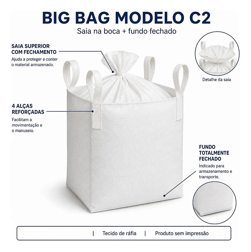 Big Bag C2 90x90x120cm com Saia Superior, Fundo Fechado e 4 Alças