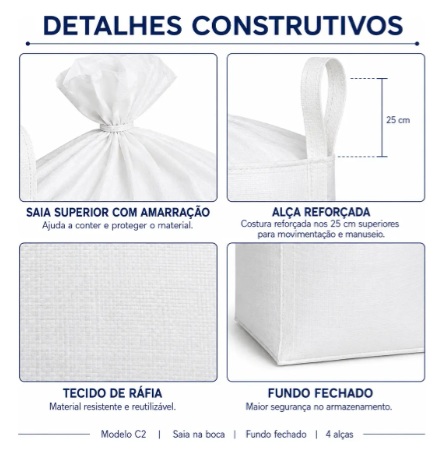 Big Bag C2 90x90x120cm com Saia Superior, Fundo Fechado e 4 Alças