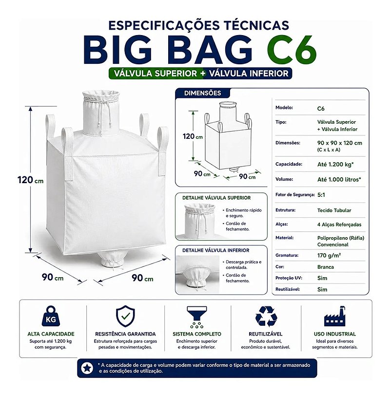 Big Bag C6 90x90x120cm com Válvula Superior e Inferior 1.200kg