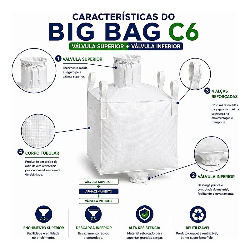 Big Bag C6 90x90x120cm com Válvula Superior e Inferior 1.200kg