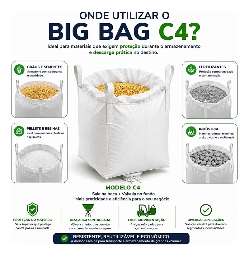 Big Bag C4 90x90x120cm com Saia Superior, Válvula no Fundo e 4 Alças