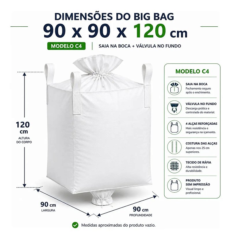 Big Bag C4 90x90x120cm com Saia Superior, Válvula no Fundo e 4 Alças