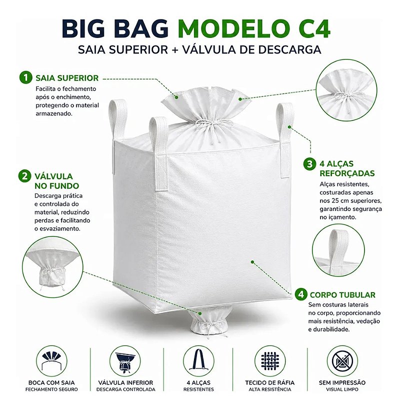 Big Bag C4 90x90x120cm com Saia Superior, Válvula no Fundo e 4 Alças