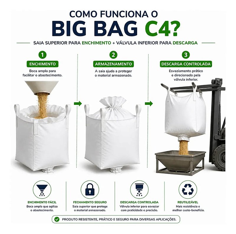 Big Bag C4 90x90x120cm com Saia Superior, Válvula no Fundo e 4 Alças