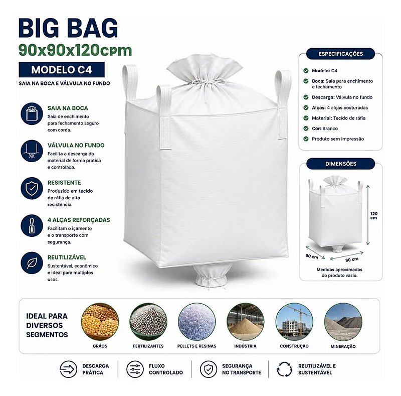 Big Bag C4 90x90x120cm com Saia Superior, Válvula no Fundo e 4 Alças