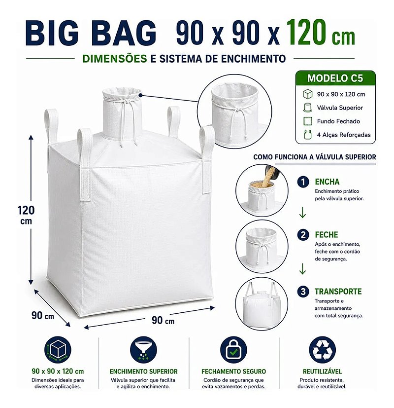 Big Bag C5 90x90x120cm com Válvula Superior e Fundo Fechado