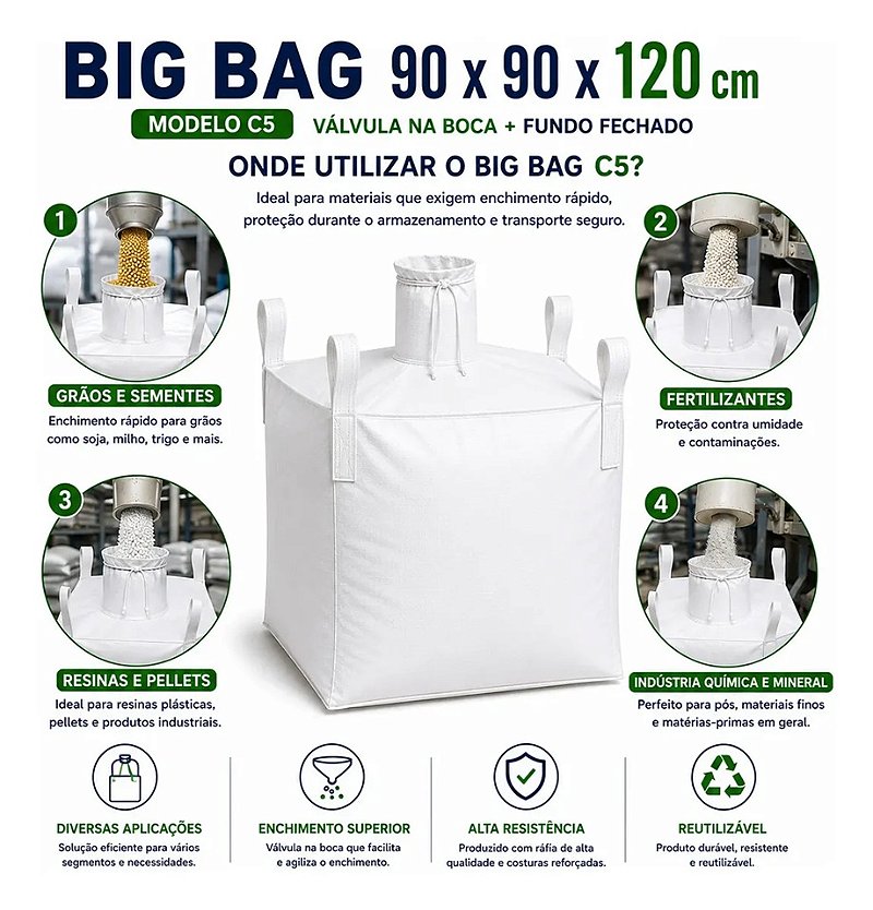 Big Bag C5 90x90x120cm com Válvula Superior e Fundo Fechado