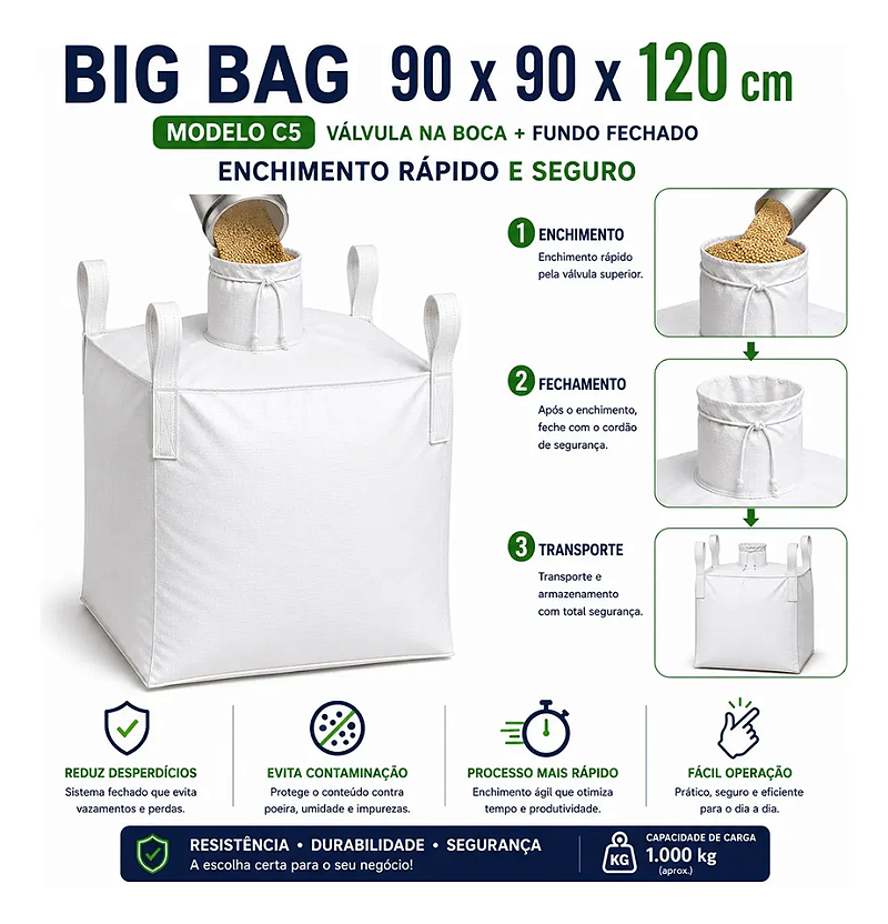 Big Bag C5 90x90x120cm com Válvula Superior e Fundo Fechado