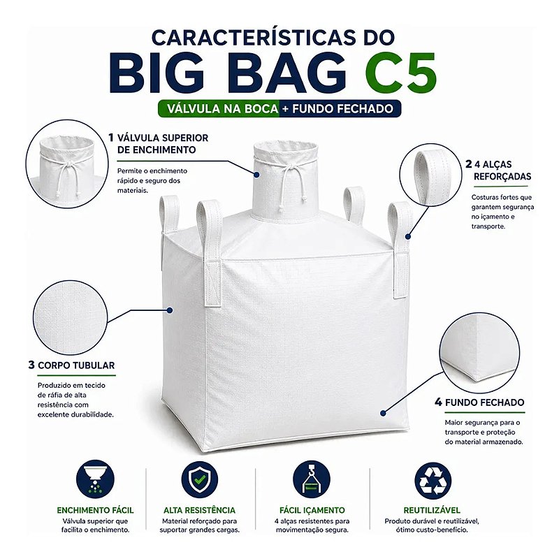 Big Bag C5 90x90x120cm com Válvula Superior e Fundo Fechado