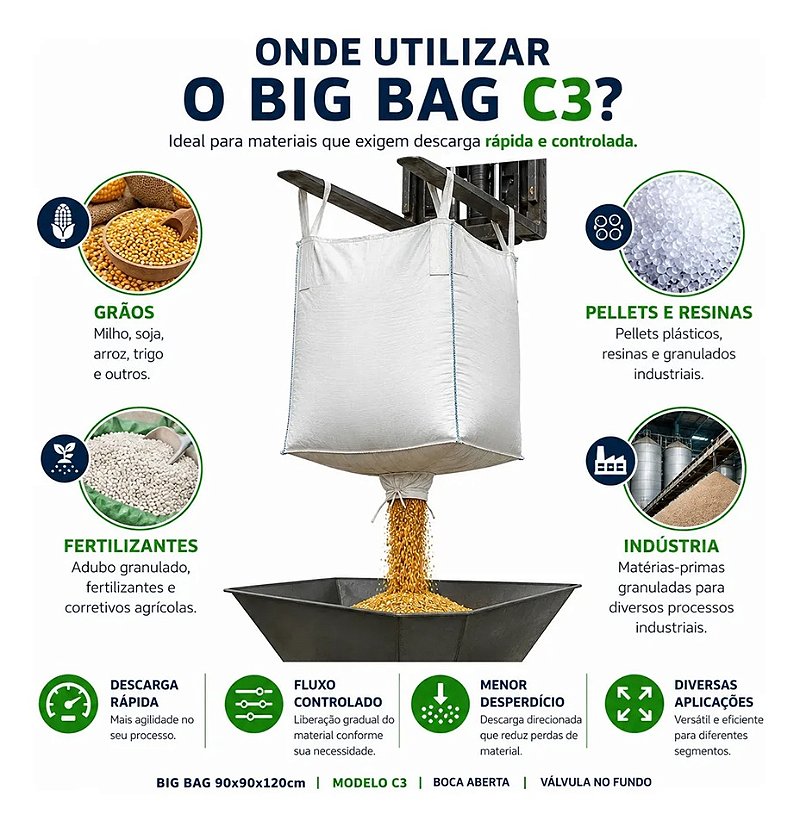 Big Bag C3 90x90x120cm Boca Aberta, Válvula no Fundo e 4 Alças