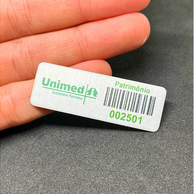 1000 Plaquinhas Patrimoniais de Alumínio Personalizadas – 4,5x1,5 cm com Adesivo Dupla Face