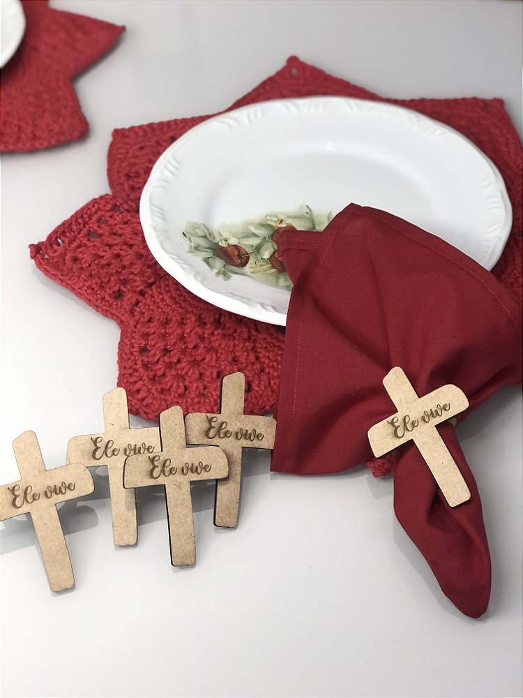 Kit 4 Porta Guardanapos Cruz Ele Vive para Mesa Posta Cristã
