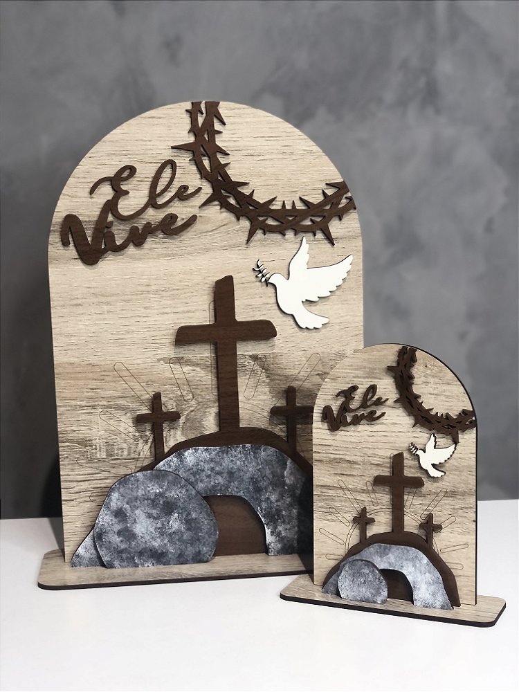 Enfeite de Mesa Monte Calvário "Ele Ressuscitou" em MDF Decoração Cristã