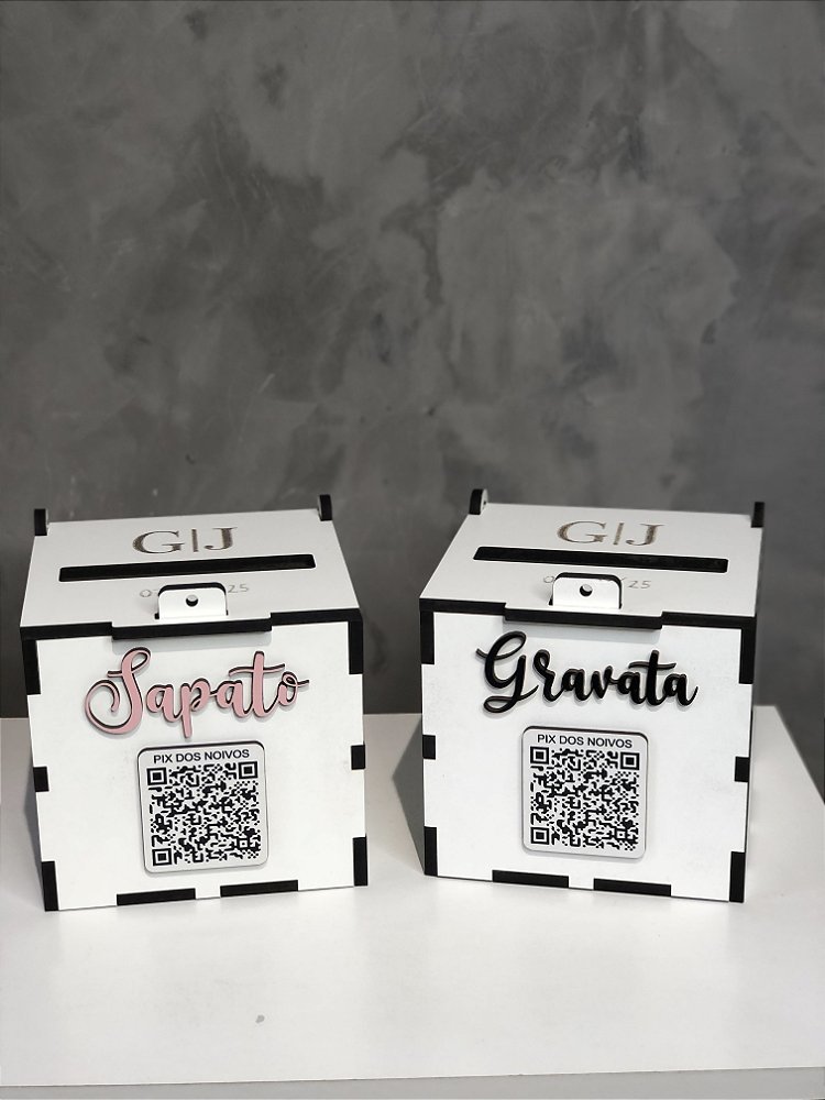 Caixa Cofre para Casamento em MDF com PIX para Gravata, Sapatinho e Lua de Mel