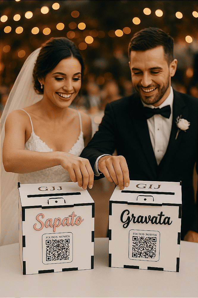 Caixa Cofre para Casamento em MDF com PIX para Gravata, Sapatinho e Lua de Mel