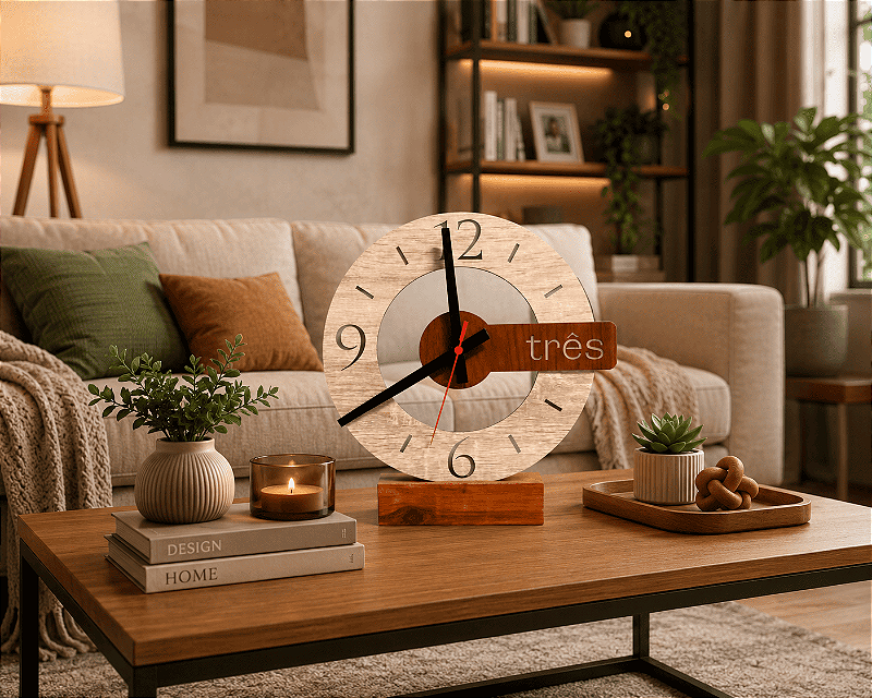 Relógio de Mesa Decorativo em Madeira com Design Vazado (30cm)