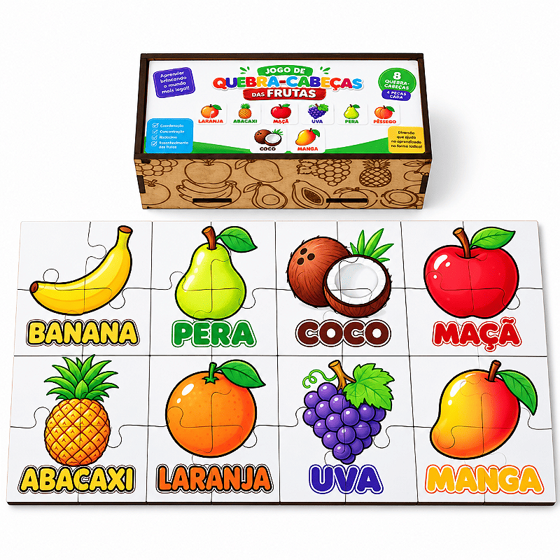 Quebra-Cabeças das Frutas Brinquedo Educativo com 8 Jogos e 32 Peças
