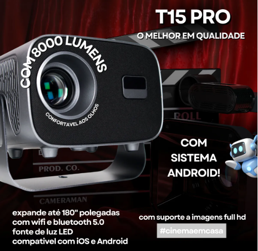 Projetor T15 Pro Portátil 4k Bluetooth Wifi Hdmi Android - Full Hd 10000lm Cores Fortes Hd - PRETO