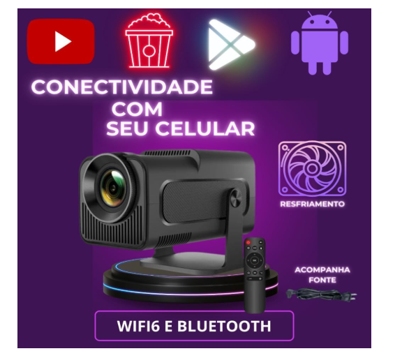 Projetor Inteligente Hy320 Pró 5G Smart 4K Wifi 6 Bluetooth 5.0 Android 11 Lançamento 2026 - Bluetooth 5.0 1080 Full HD Suporte 12000 Lumens Para Celular LED Auto Correção Horizontal 180° Linha Premium