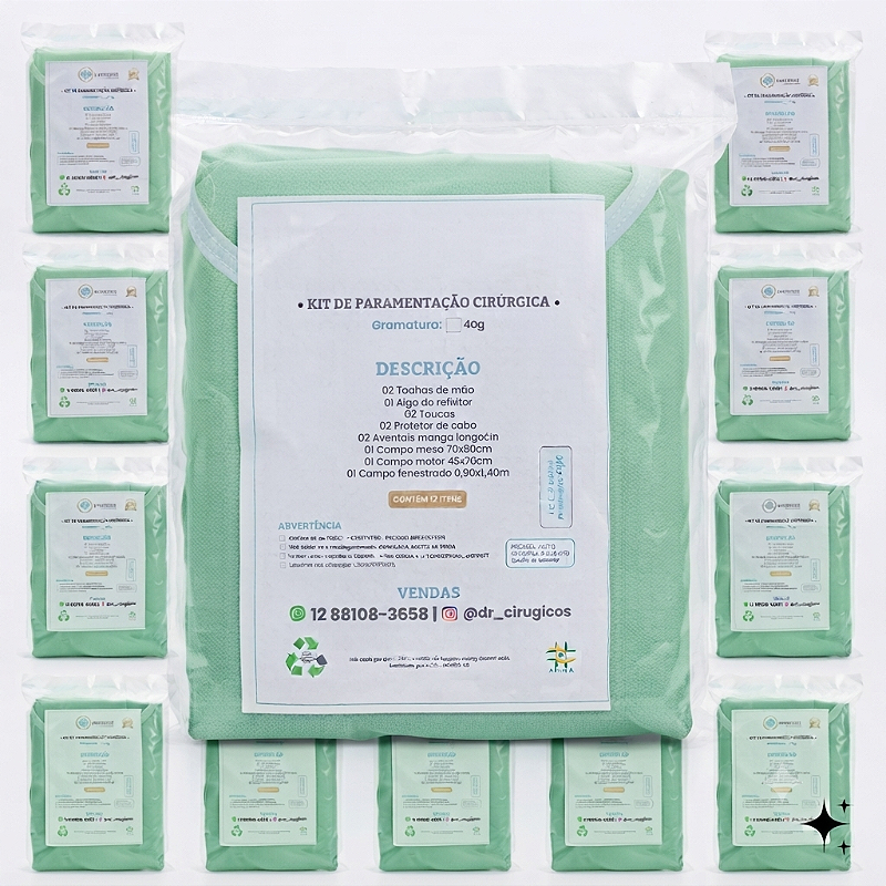 10 Kits Cirúrgico Estéril Gramatura 40 -Cor Verde - Punho em Malha-Registro Anvisa