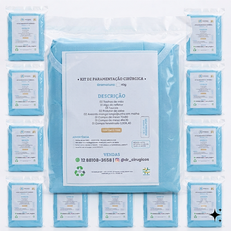 10 Kits Cirúrgico Estéril Gramatura 40 -Cor Azul céu- Punho em Malha-Registro Anvisa
