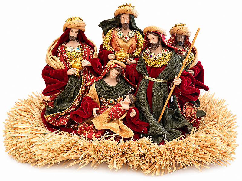 Cenário Presépio Em Resina Com Palha Vermelho E Dourado