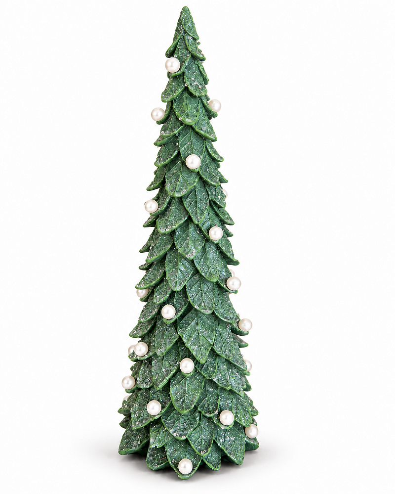 Árvore Resina Verde Brilho Perolas Luxo Natal 45,5cm