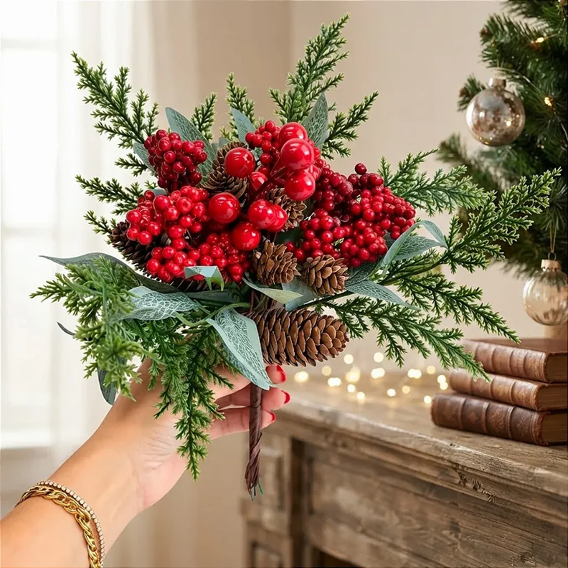 Galho Decorativo Natal Folhagens Berry Pinhas