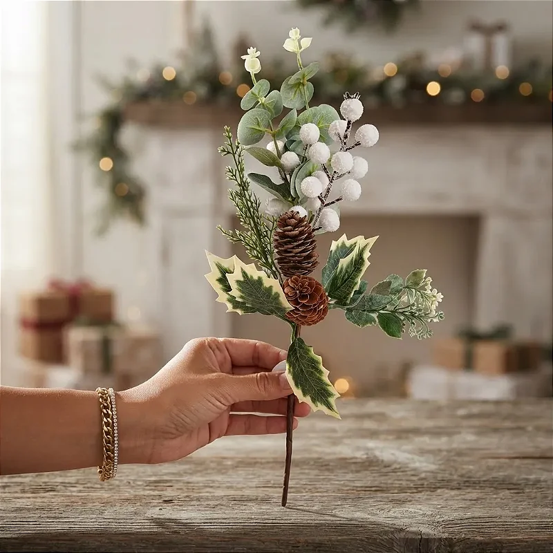 Galho Natalino Berry Branco Folhagens Pinha Decoração Natal