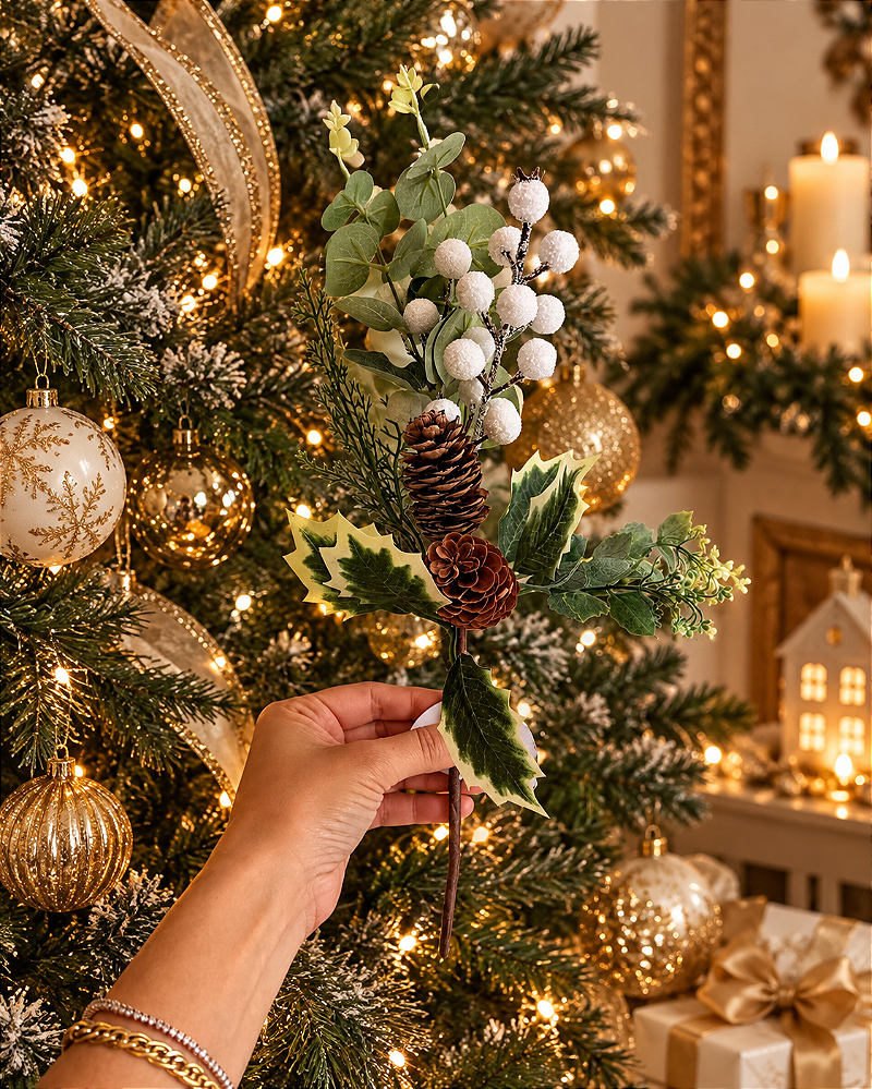 Galho Natalino Berry Branco Folhagens Pinha Decoração Natal