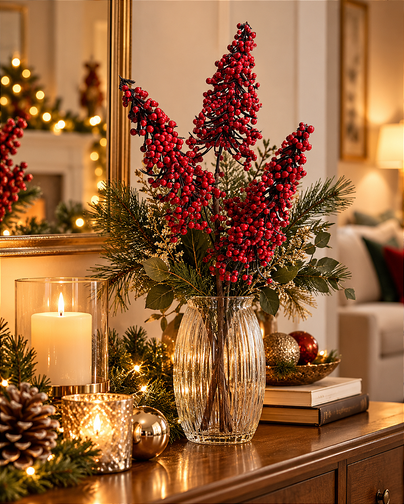 Galho Berry Azevinho Enfeite Natal Decoração Vermelho 55cm