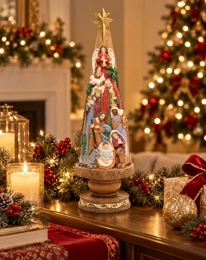 Árvore Pinheiro Presépio Resina Colorido 32cm Decor Natal