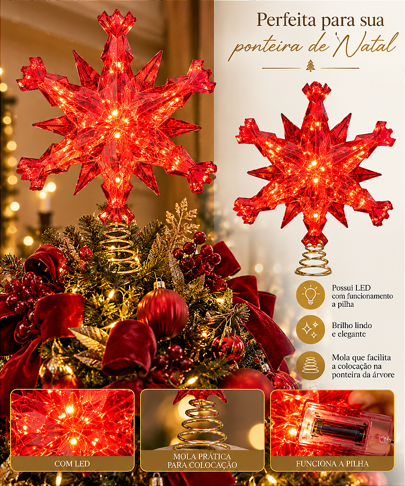 Ponteira Arvore De Natal Estrela Floco De Neve Com Led 30cm