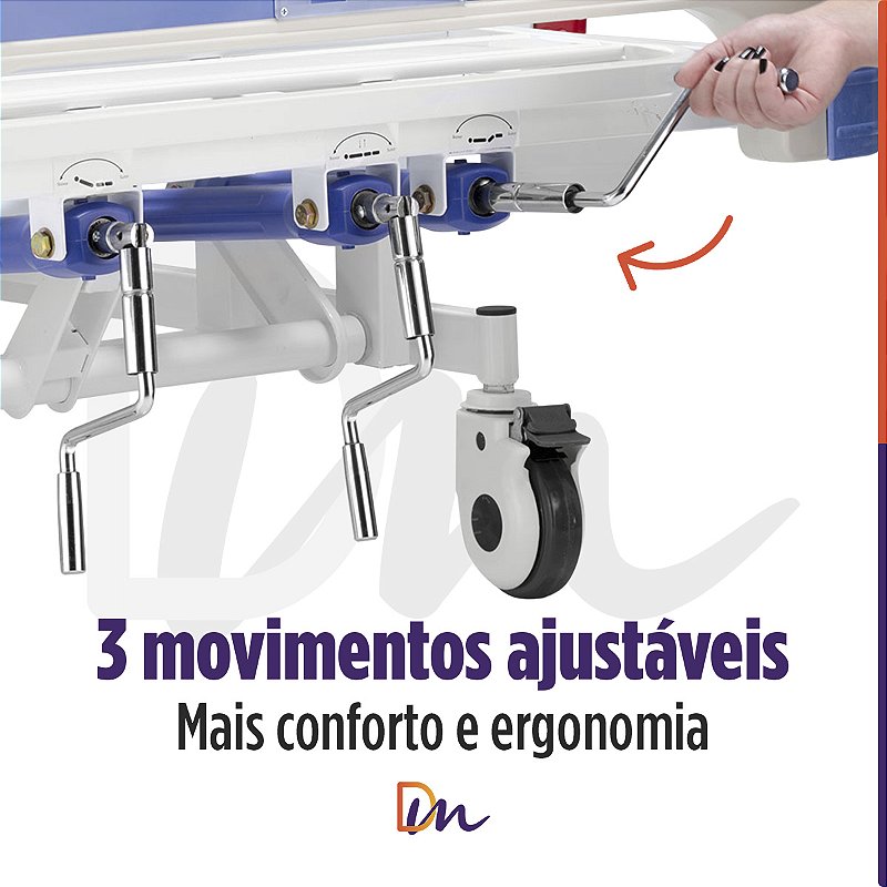 Cama Hospitalar 3 Movimentos Manual Até 200kg DX3 - Dellamed