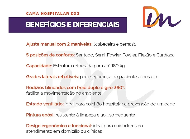 Cama Hospitalar 2 Movimentos Manual Até 180kg DX2 - Dellamed