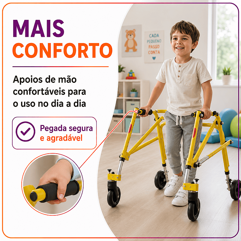 Andador Posterior Para Locomoção e Reabilitação Com 4 Rodas Amarelo Tamanho P - Mercur