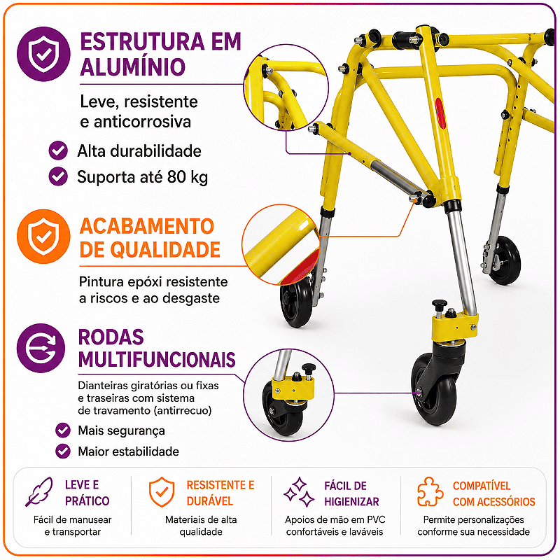 Andador Posterior Para Locomoção e Reabilitação Com 4 Rodas Amarelo Tamanho P - Mercur