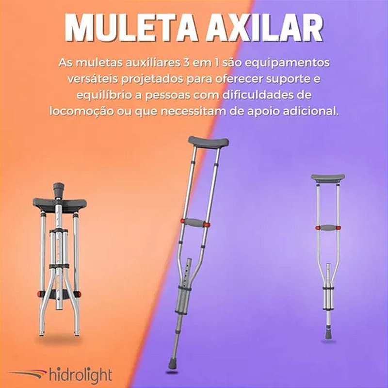 Par De Muleta Axilar 3 Em 1 Altura Ajustável - Hidrolight